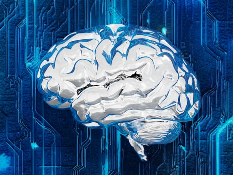 A computer circuit board with a brain on it